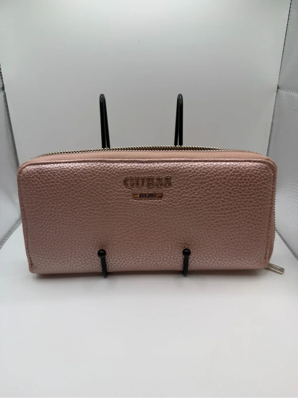 GUESS Metallic Rose Gold Zip Wallet with Logo Plate